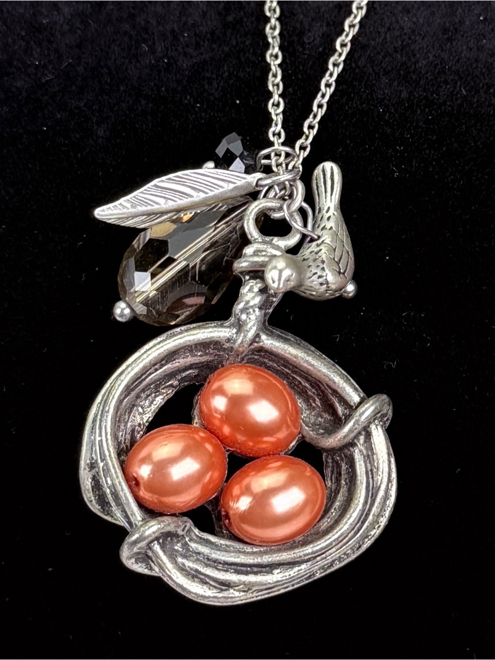 Vintage Bird Nest Egg Charm Pendant Necklace Silver Tone Orange Faux Pearls